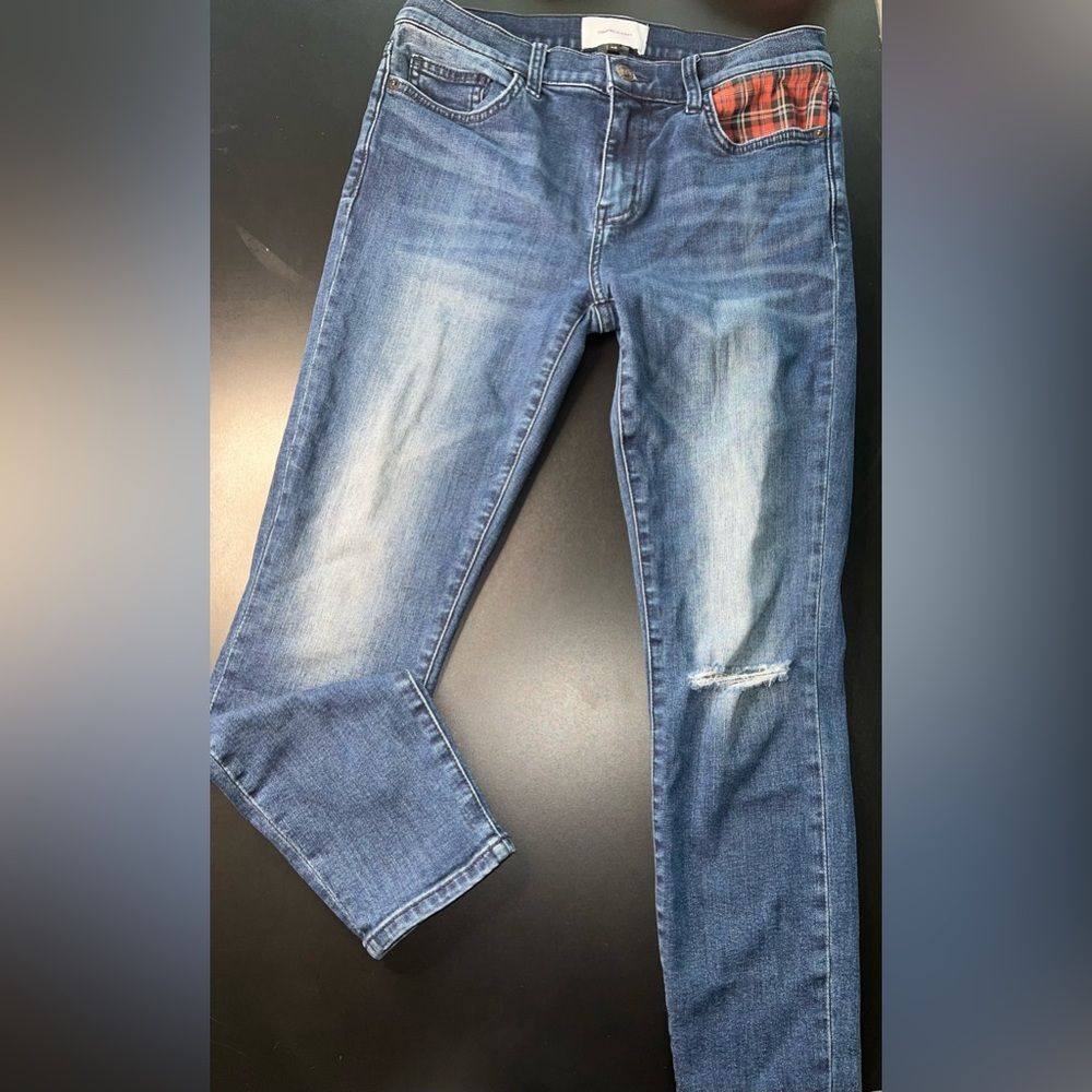 Current Elliott Plaid Patch Blue Skinny Jeans Size 28 EUC